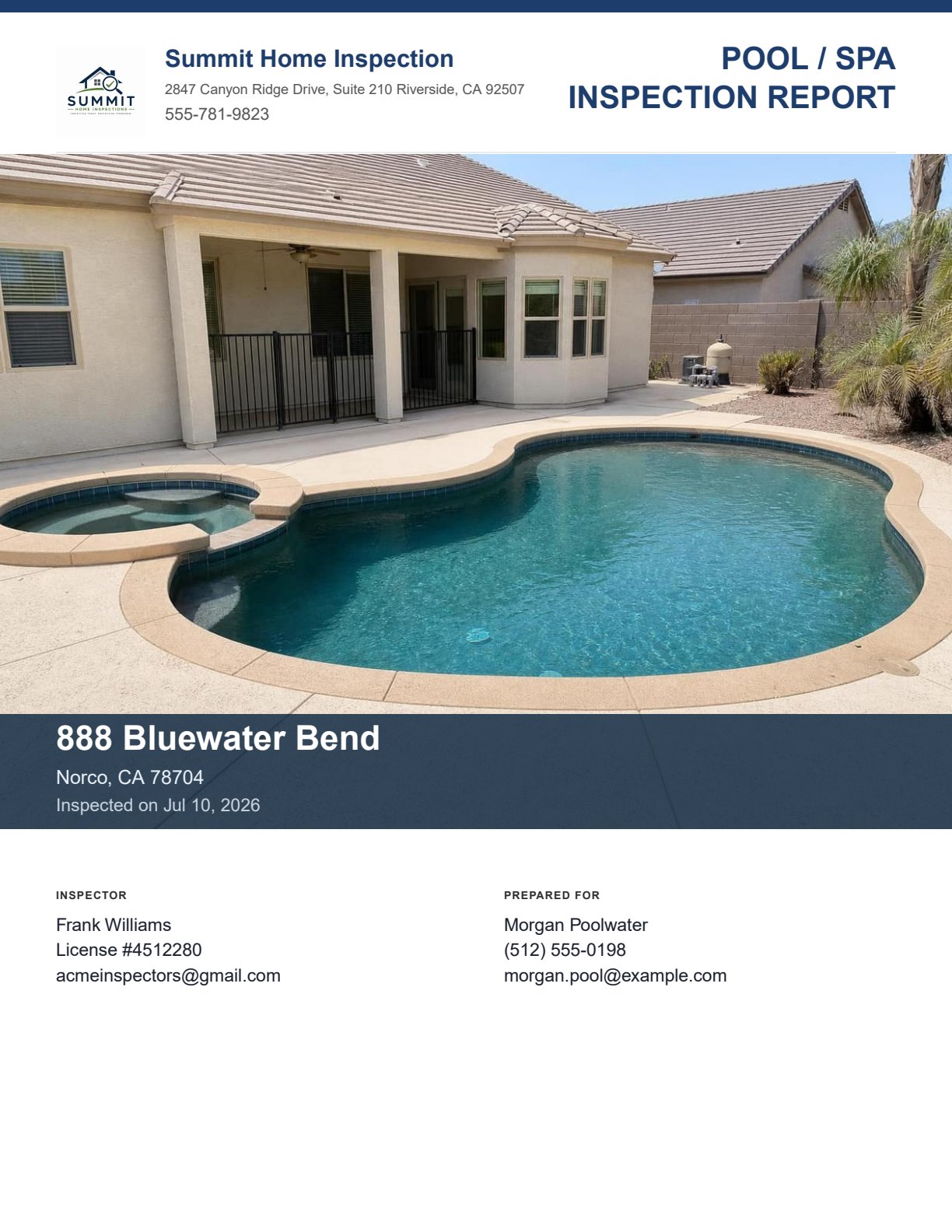 Pool / Spa Inspection sample report evidence screenshot